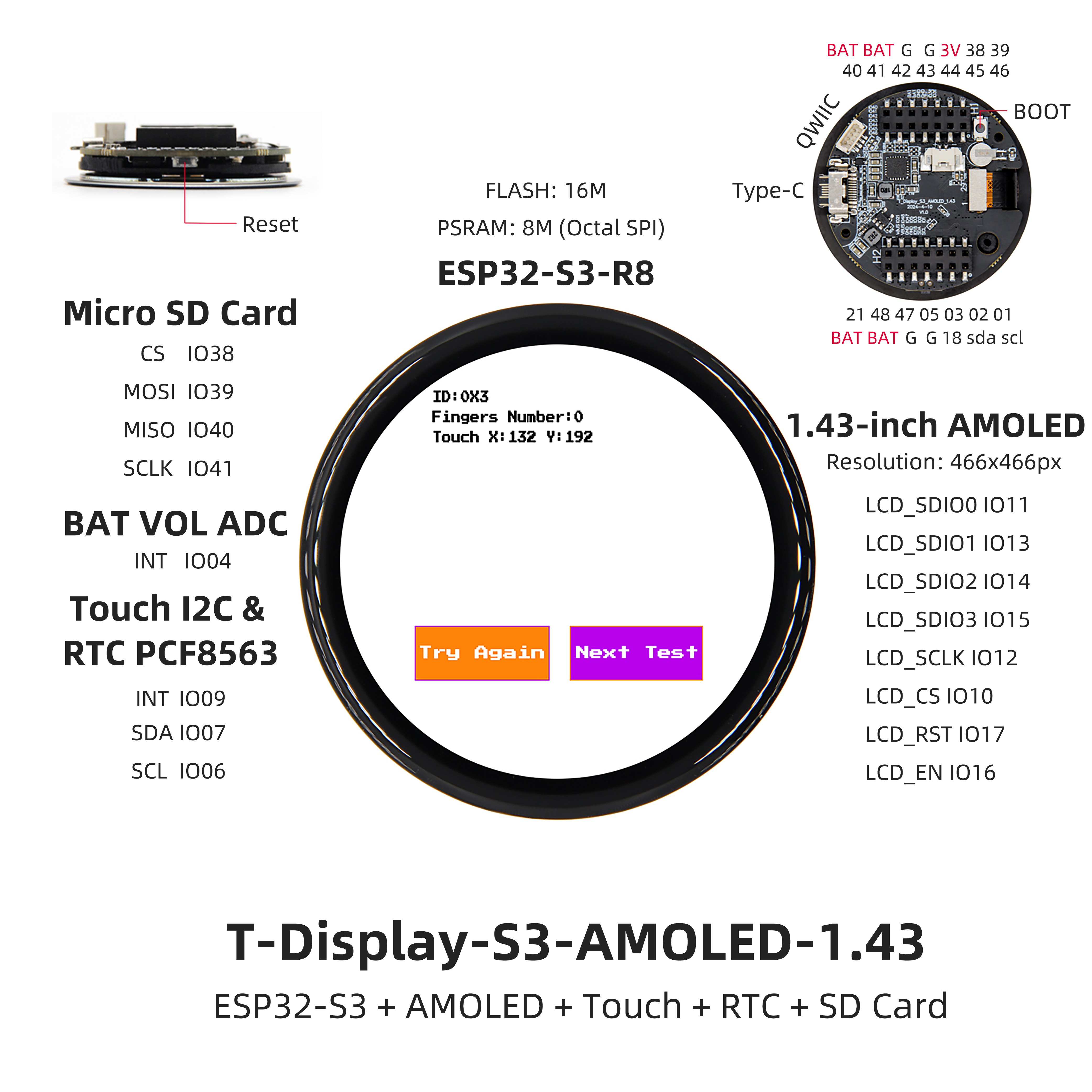 T-Display S3 AMOLED 1.43 pin diagram
